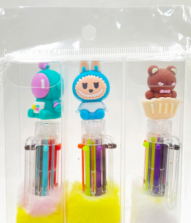 قلم حبر 6 الوان بشخصيات كرتون وفرو 3 حبة 