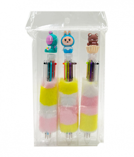 قلم حبر 6 الوان بشخصيات كرتون وفرو 3 حبة 